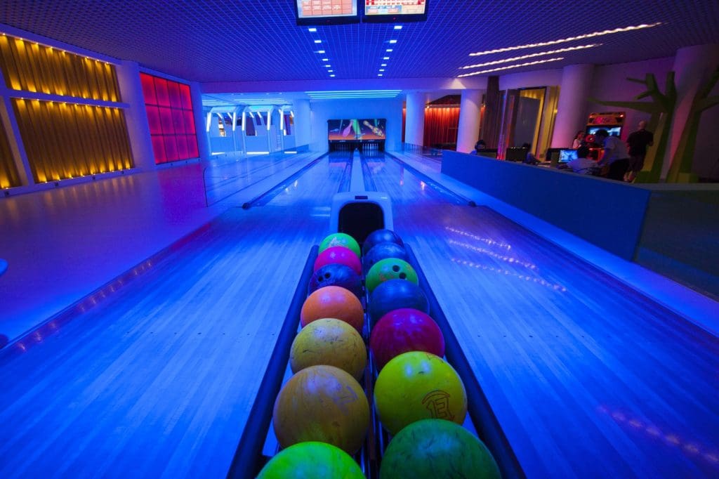 Bowling alley with blue lights
